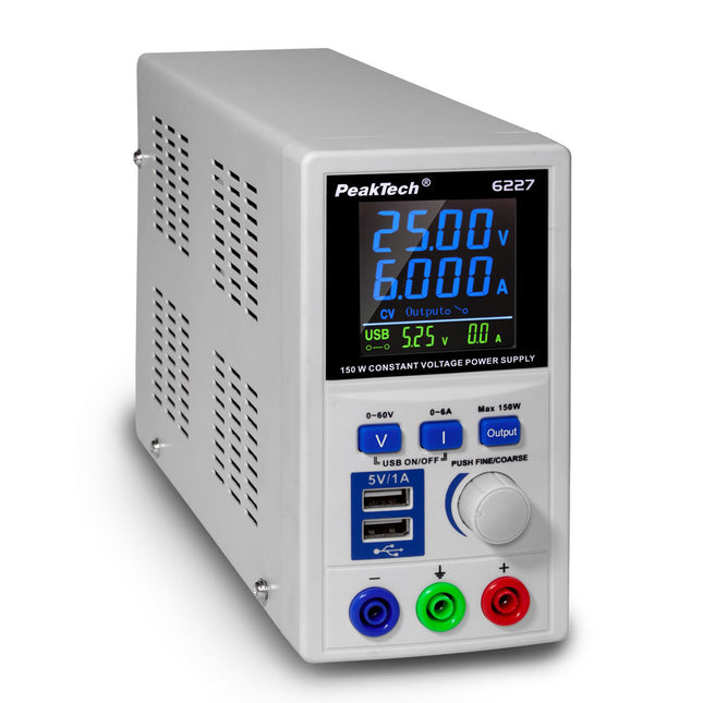 PeakTech 6227 DC Switching Power Supply (0-60 V, 0-6 A) with colour LCD & 2x USB