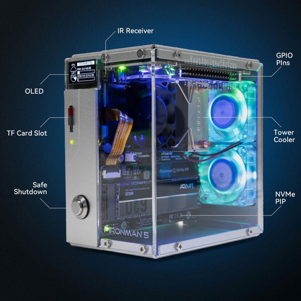 Case Mini PC Pironman 5 Per Raspberry Pi 5 – Alluminio Con Ventola PWM RGB, Supporto NVMe Case Mini PC Pironman 5 Per Raspberry Pi 5 – Alluminio Con Ventola PWM RGB, Supporto NVMe
